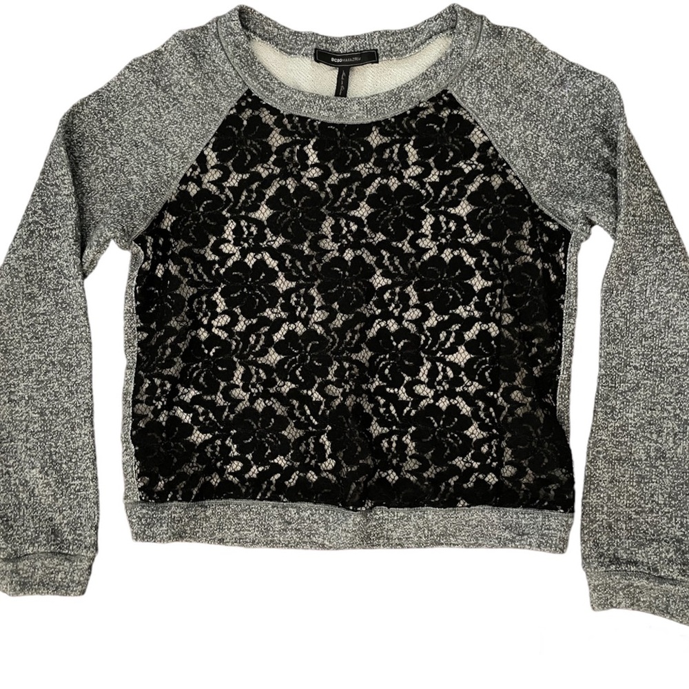 BCBG MAXAZRIA Gray & black Floral Laced Pattern Long Sleeve Top Size XS